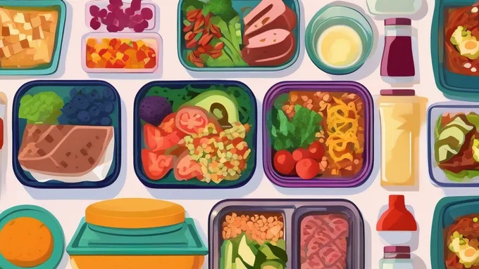 colorful meal prep containers showing breakfast, lunch, and dinner portions with balanced macronutrients