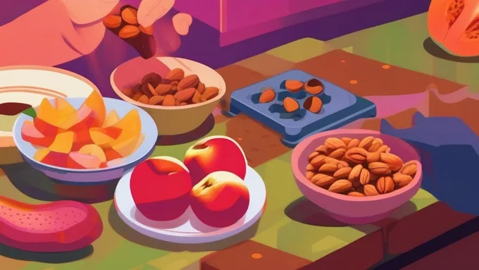 person checking their smartphone app while preparing a nutritious snack with nuts and fruit on a kitchen counter