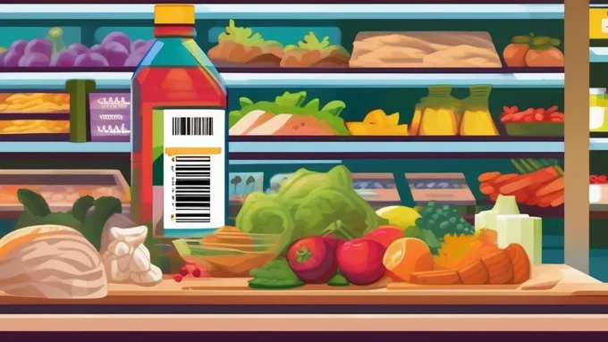smartphone scanning a food barcode next to fresh groceries and a detailed nutrition label