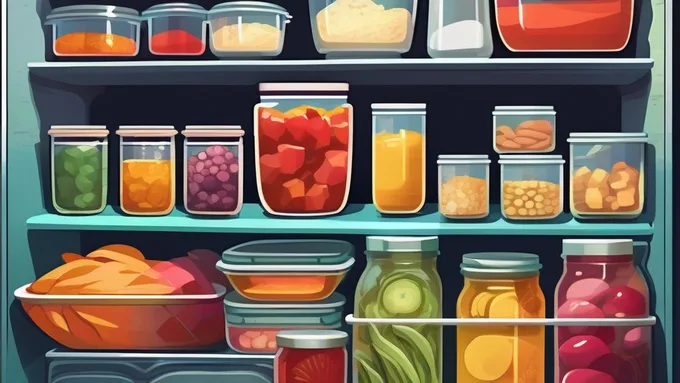 organized refrigerator with labeled glass containers containing prepped ingredients and complete meals