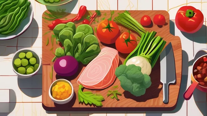 fresh vegetables and lean proteins arranged on a cutting board with meal planning notebook