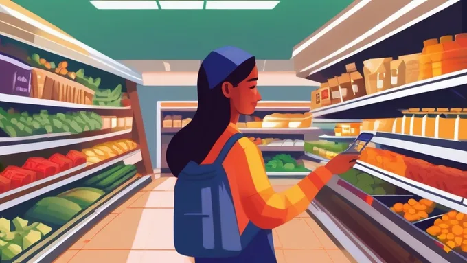 college student using smartphone to scan food barcode in grocery store