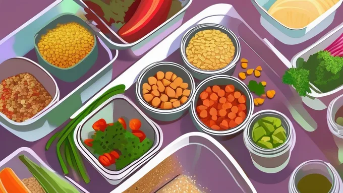 healthy meal prep containers with colorful vegetables and grains arranged on kitchen counter