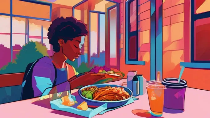 student sitting at campus table eating homemade lunch with textbooks and laptop nearby