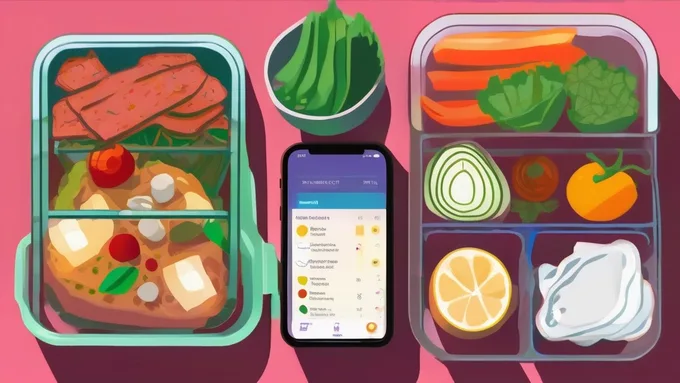 smartphone displaying meal planning app next to organized grocery list and fresh ingredients