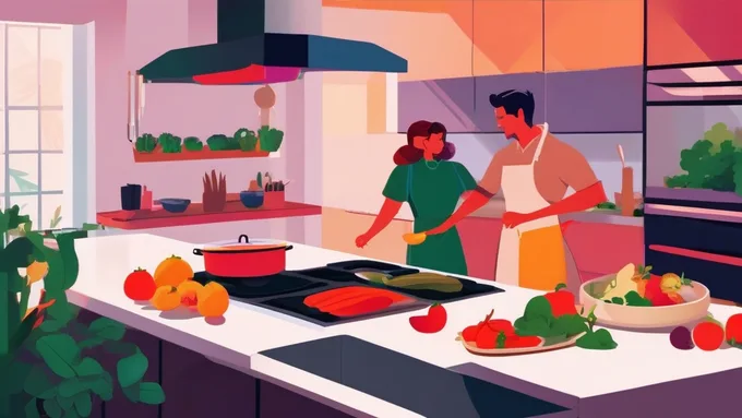 couple cooking together in modern kitchen with fresh ingredients