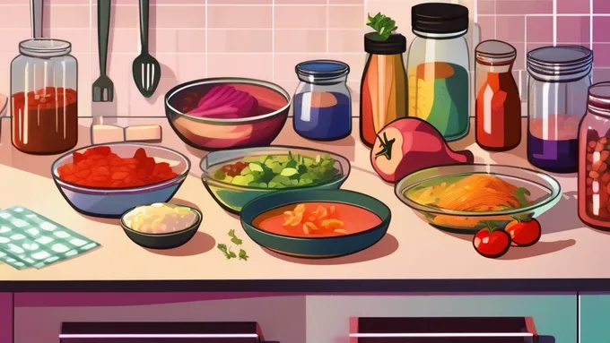 kitchen counter with various prepped ingredients in glass containers and meal planning notebook