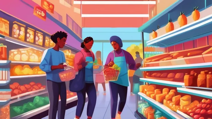 diverse group of students comparing prices on smartphones while shopping in an American grocery store