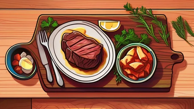 grilled steak with butter and herbs on a wooden cutting board