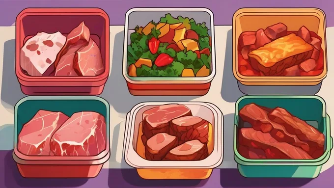 meal prep containers filled with various cooked meats and fats