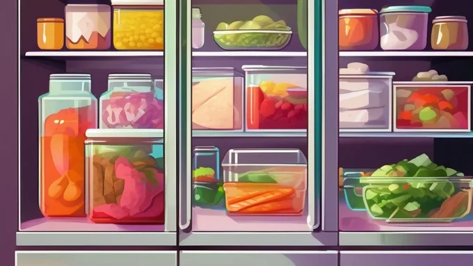 organized refrigerator with labeled glass containers showing different prepared meals and ingredients arranged on shelves