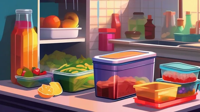 organized dorm kitchen with meal prep containers stacked in mini fridge and ingredients laid out on counter