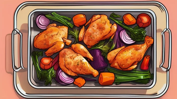 sheet pan with colorful roasted vegetables and seasoned chicken pieces fresh from the oven