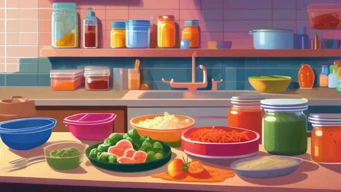 student assembling meal prep containers with various colorful ingredients spread across a small dorm kitchen counter