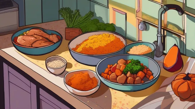 kitchen counter with ingredients for meal prep including chicken breasts, brown rice, sweet potatoes, and various vegetables