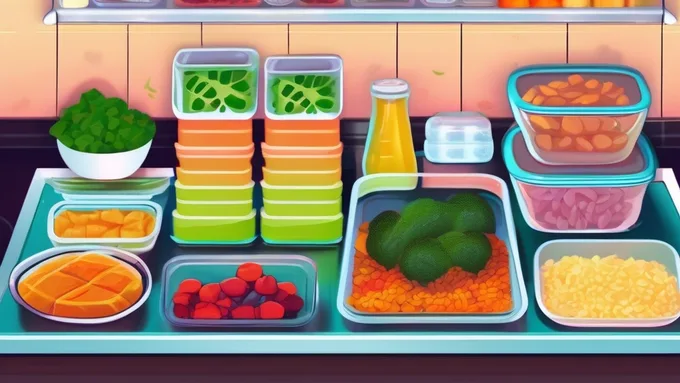 organized meal prep workspace with containers, food scale, and prepped ingredients neatly arranged