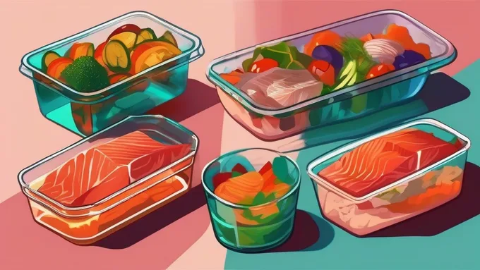 hands portioning grilled salmon and roasted vegetables into glass meal prep containers
