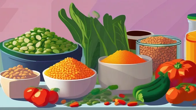 budget-friendly ingredients like dried beans, frozen vegetables, and bulk grains arranged on a kitchen counter with price tags