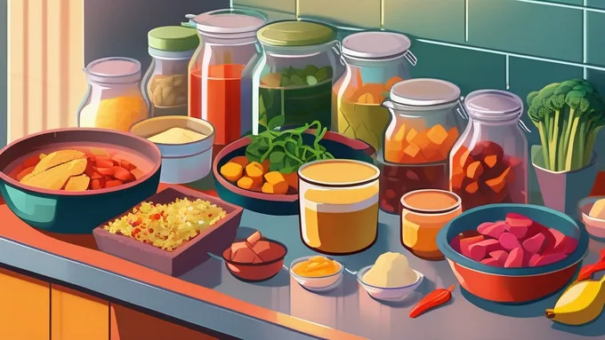 organized kitchen counter with meal prep ingredients and containers