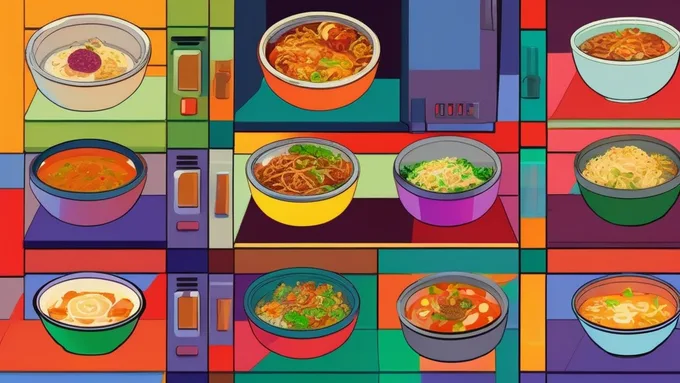 colorful microwave meal bowls showing different international cuisines arranged on a dorm room desk