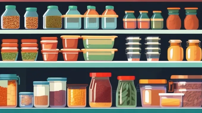 organized dorm room pantry with labeled containers of grains, spices, and healthy snacks on shelves