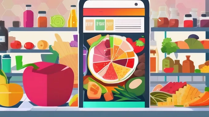 smartphone displaying nutrition label scanner with various healthy foods spread around it