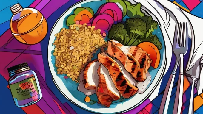 post-workout recovery meal with grilled chicken, quinoa, and colorful vegetables on a plate next to a water bottle