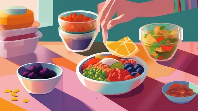person assembling a colorful nutrition bowl with various prepped ingredients from glass containers