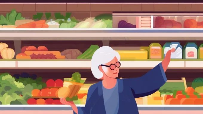 senior woman reading nutrition labels with a magnifying glass while shopping in the grocery store produce section