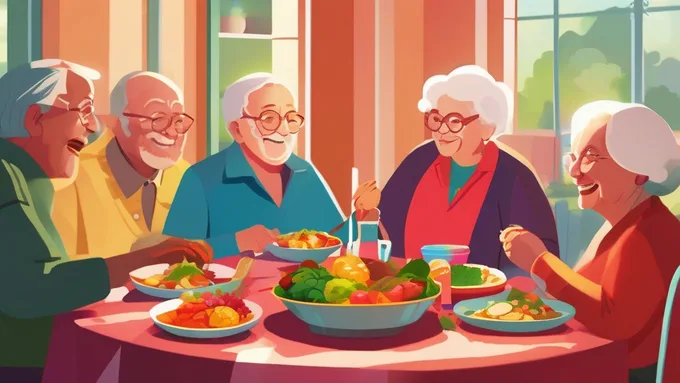 group of seniors sharing a healthy meal together at a community center dining table with colorful dishes