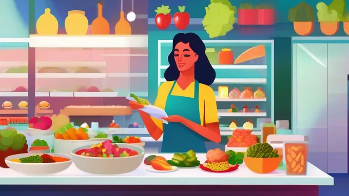 nutritionist reviewing colorful meal plan charts and food samples