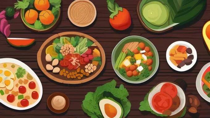 diverse healthy meals arranged on wooden table showing various dietary options