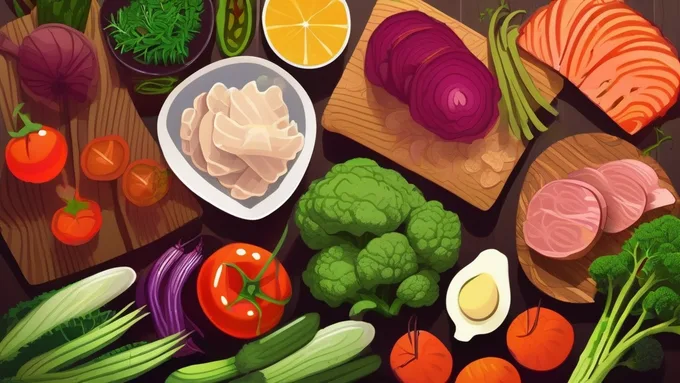 fresh paleo ingredients arranged on wooden cutting board with vegetables and proteins