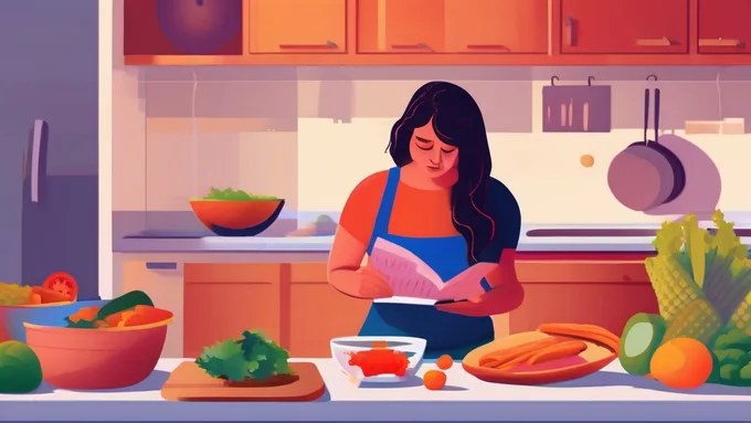 person looking frustrated while reading generic diet book with healthy foods scattered on kitchen counter