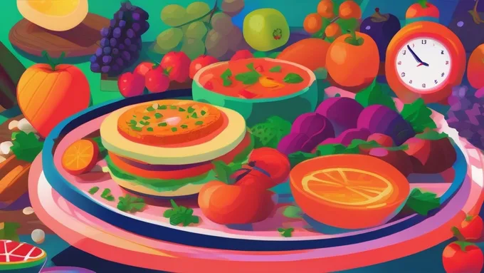 clock surrounded by healthy foods showing meal timing concept