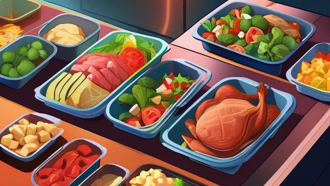 meal prep containers arranged on kitchen counter with fresh ingredients