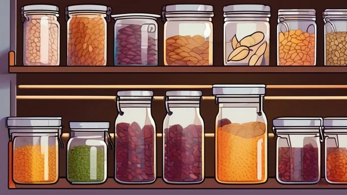 organized pantry shelves with glass jars containing various dried beans, grains, nuts, and seeds with handwritten labels