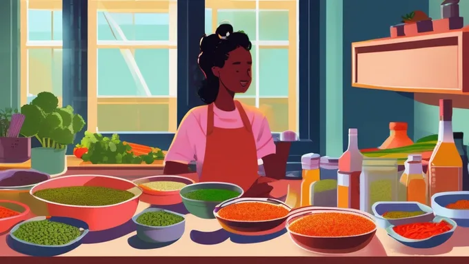 student meal prepping in dorm room with containers of cooked quinoa and chopped vegetables spread across a small desk