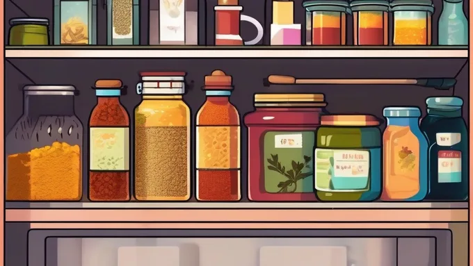 colorful array of spice containers and nutritional yeast arranged on a small dorm room shelf next to a microwave