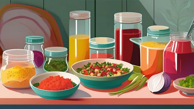 meal prep ingredients laid out on a kitchen counter with measuring cups and containers ready for portioning
