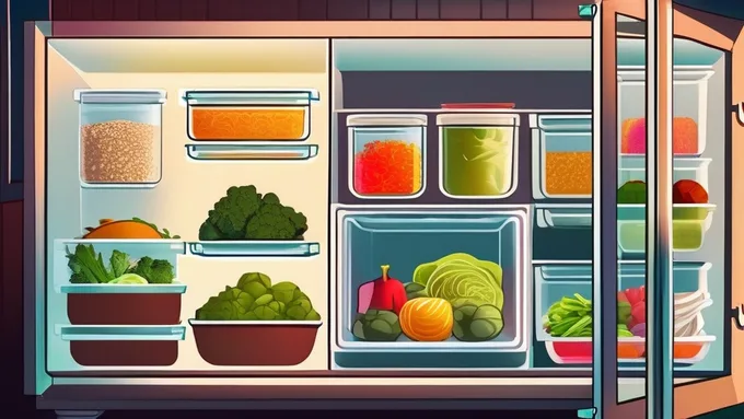 organized refrigerator with clear containers showing prepped vegetables, grains, and proteins arranged by type