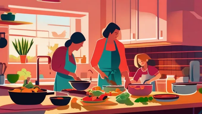 family kitchen scene with multiple generations preparing meals together using fresh ingredients and modern appliances