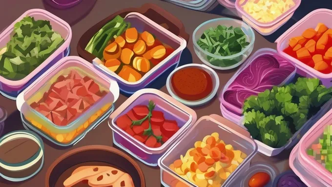 organized meal prep containers with colorful vegetables and proteins arranged on kitchen counter