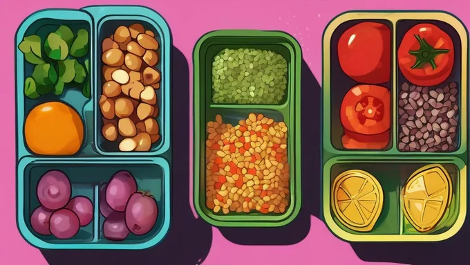 meal prep containers showing balanced portions of protein, vegetables, and whole grains with measuring tools
