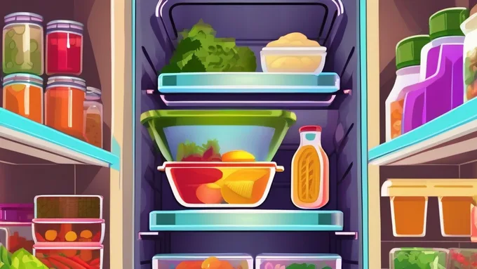 organized refrigerator shelves with labeled meal prep containers and fresh ingredients arranged by color