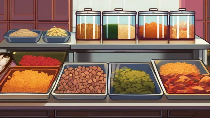 a prep station with small glass containers of cooked proteins, roasted vegetables, and grains arranged in rows ready for portioning