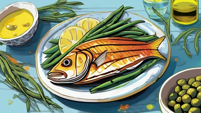 a colorful plate arrangement showing grilled fish with lemon, steamed green beans, white rice, and a small side of olive oil in a ramekin on a light blue placemat