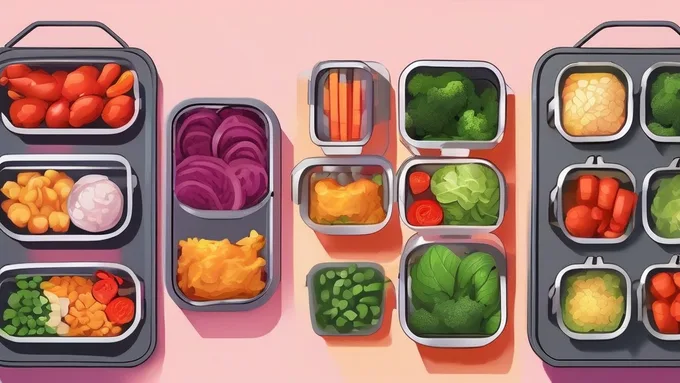 organized meal prep containers showing different protein sources and colorful vegetables arranged by day of the week