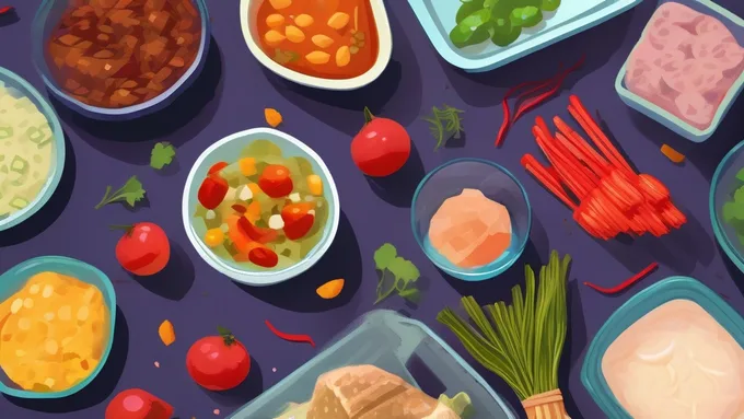 kitchen counter with various prepped ingredients in glass containers and a tablet showing meal planning app interface