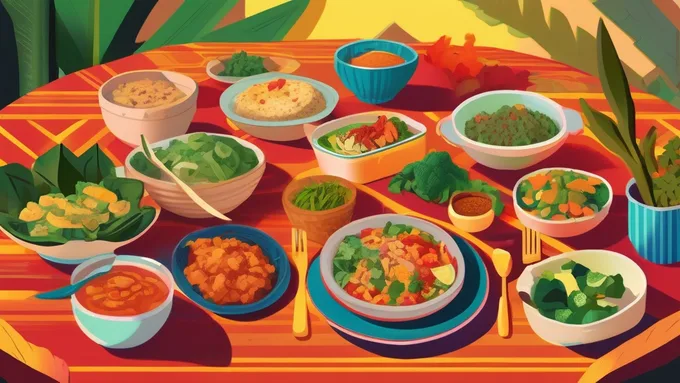 diverse array of meals including plant-based options, protein-rich dishes, and colorful vegetables arranged on a dining table